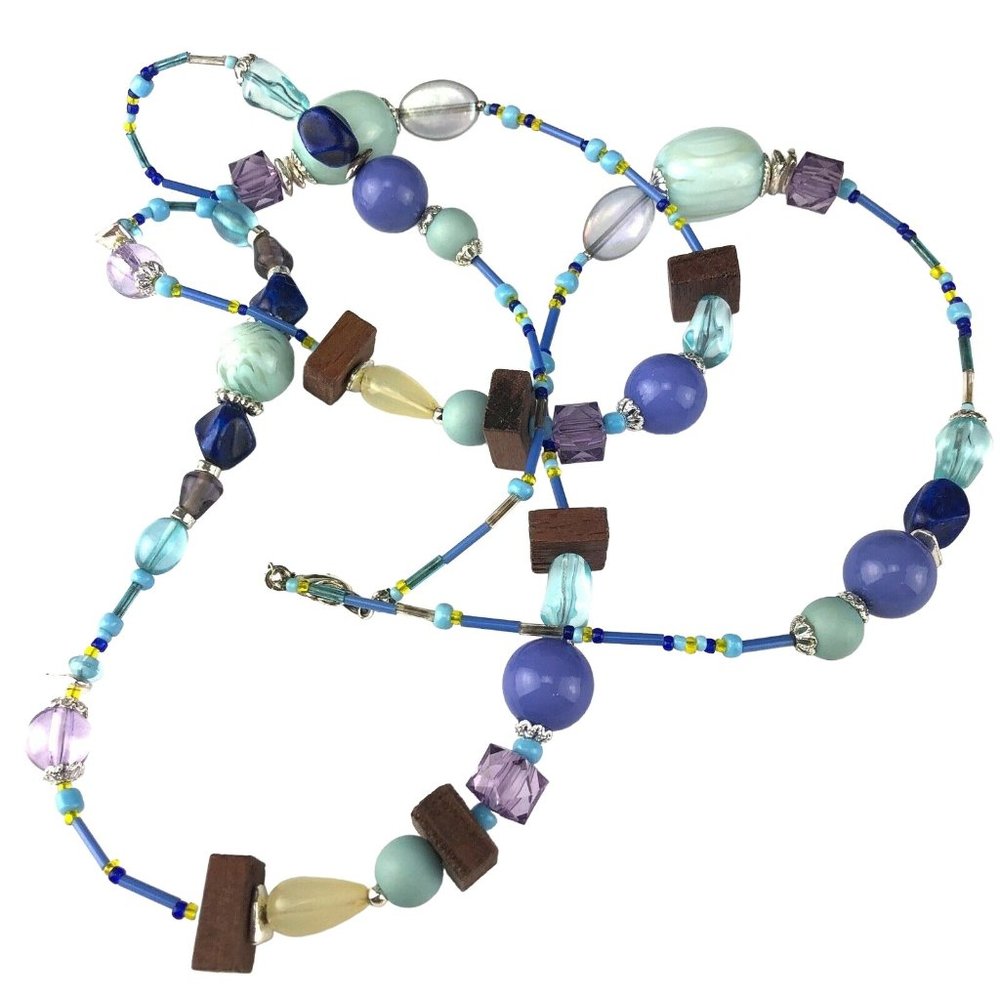 Long 40" Beaded Necklace Light Blue Lavender Green Yellow & Wood